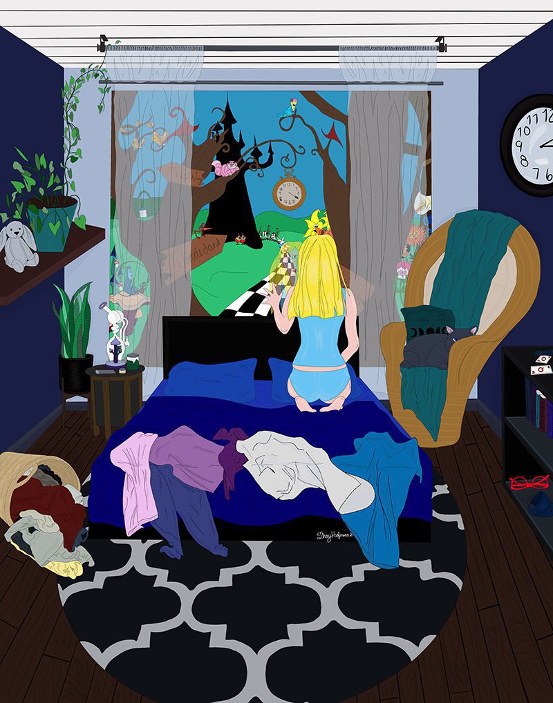 Escaping Reality digital painting: a girl kneeling on her bed looking through a window into a fantasy world