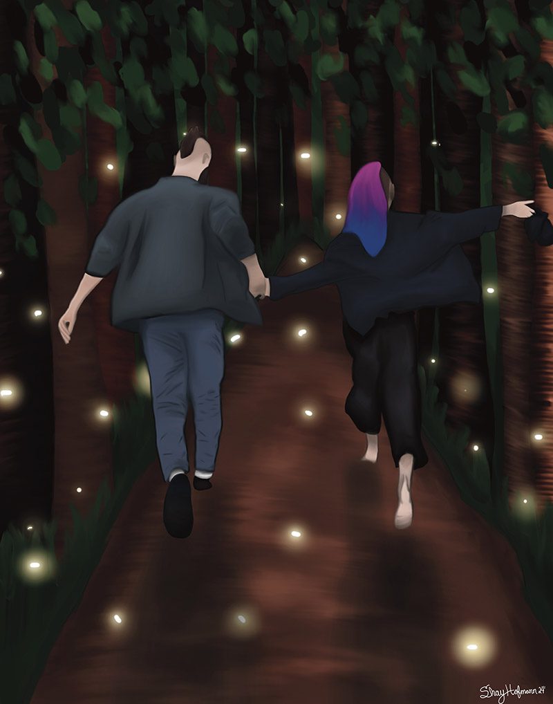 Fireflies digital painting: two people walking a forest path lit by fireflies